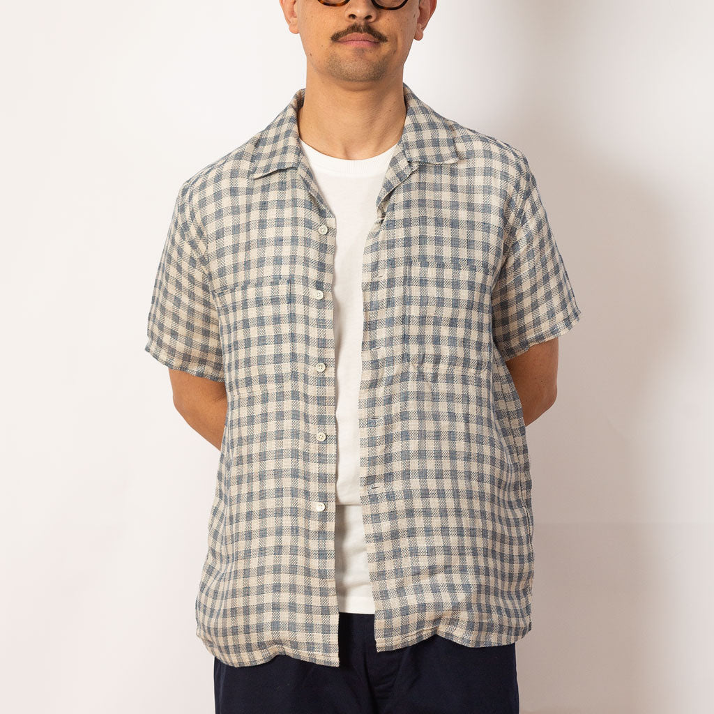 Open Collar Panama Plaid Linen - Blue