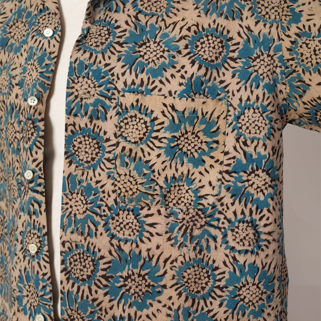 Open Collar Shirt - Blue Sun Flower