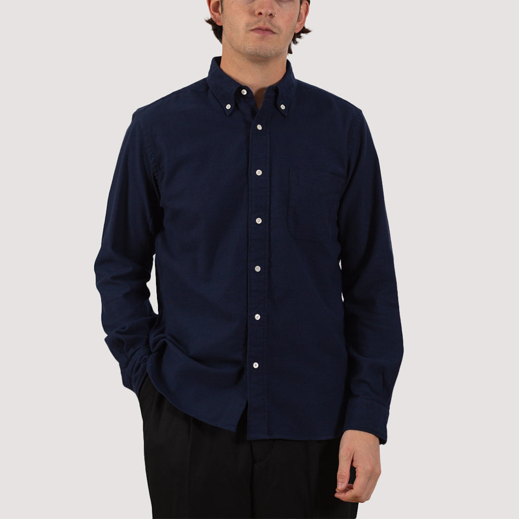 Button Down Flannel Solid Shirt - Navy