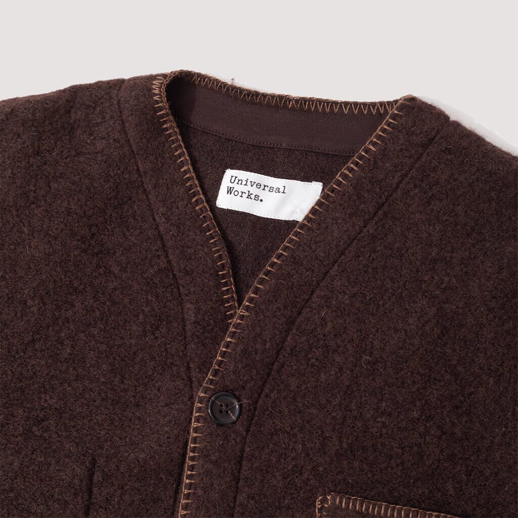Wool Fleece Blanket Stitch Cardigan - Brown