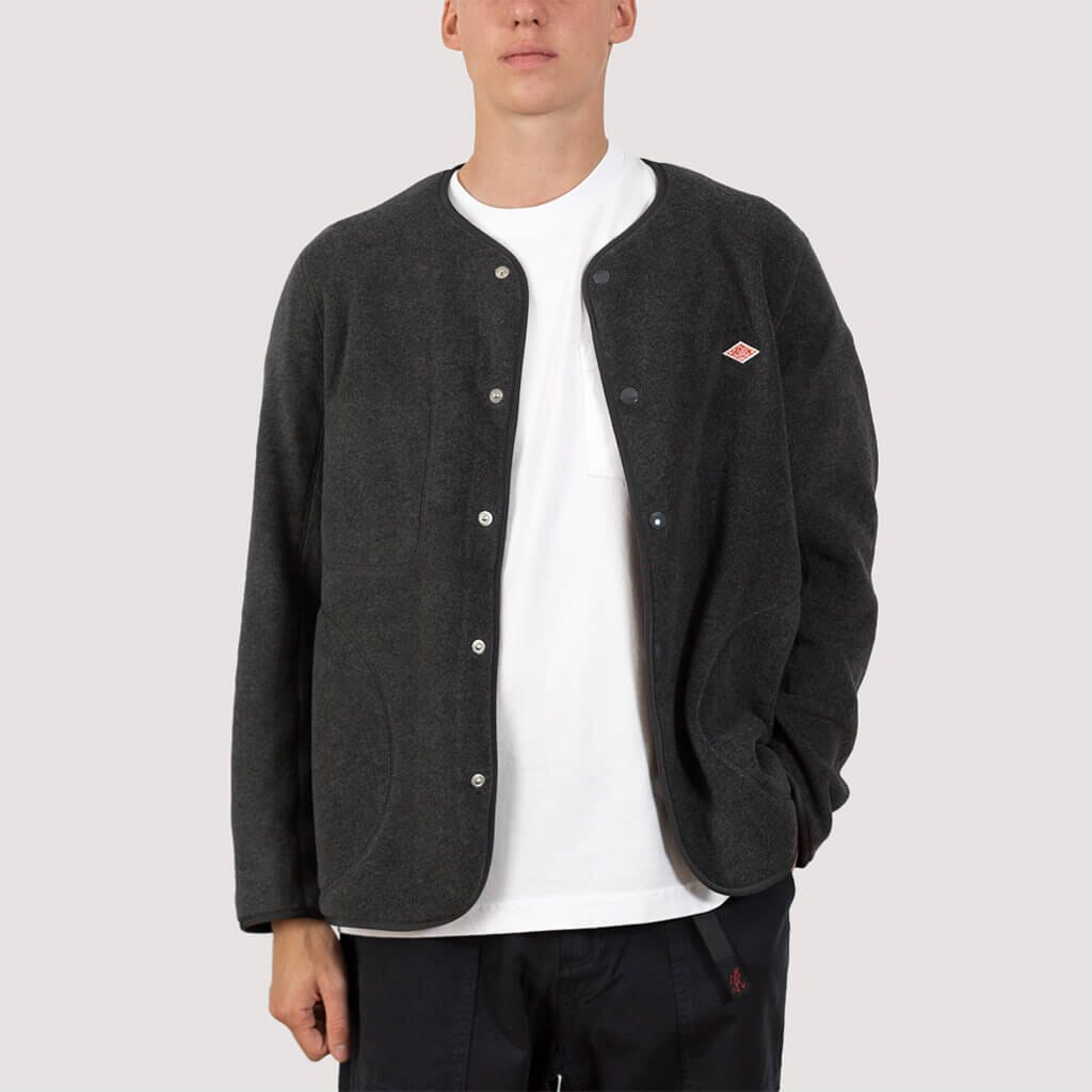 Fleece Collarless Jacket - Dark Grey